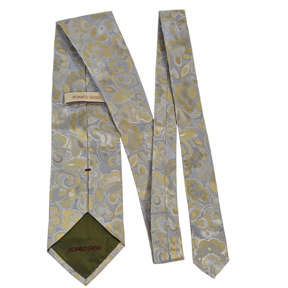 Romeo Gigli Mens Tie Necktie Luxury Gray Yellow Silk Floral Embroidered Classic